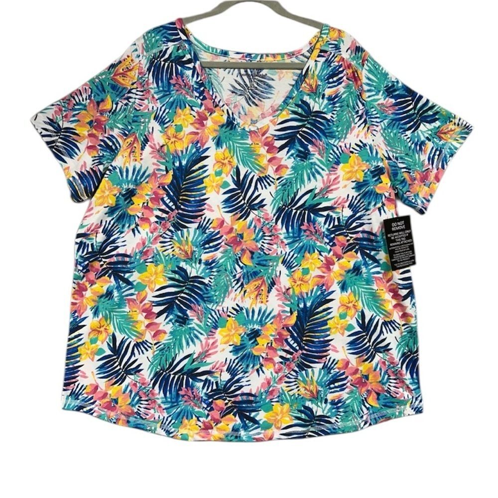 NEW Woman Within Perfect Printed Leaf V Neck Short Sleeve Tee Sz 1X